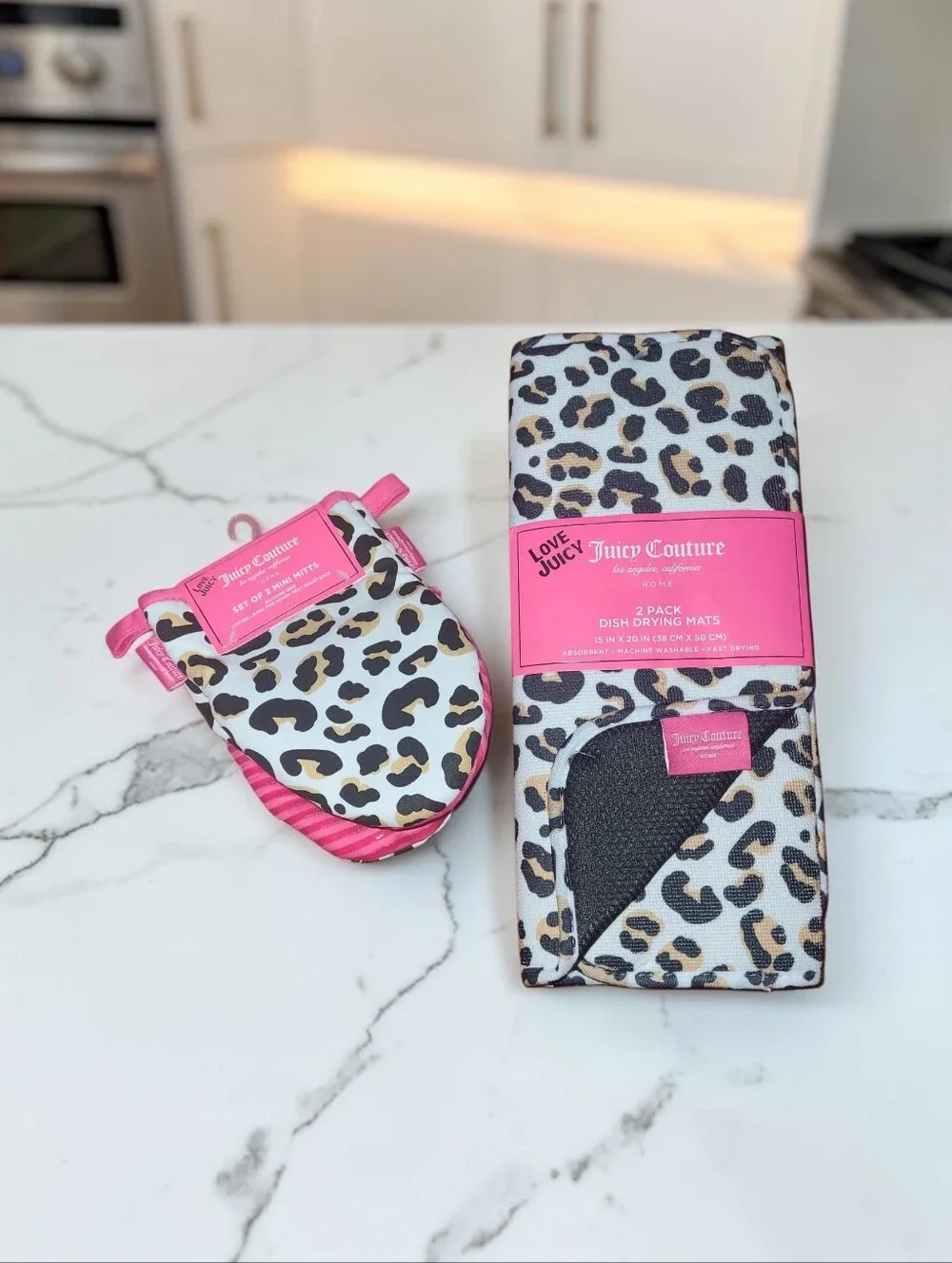 Juicy Couture Leopard Print Dish Drying Mats & Pink Trim Mini Mitts